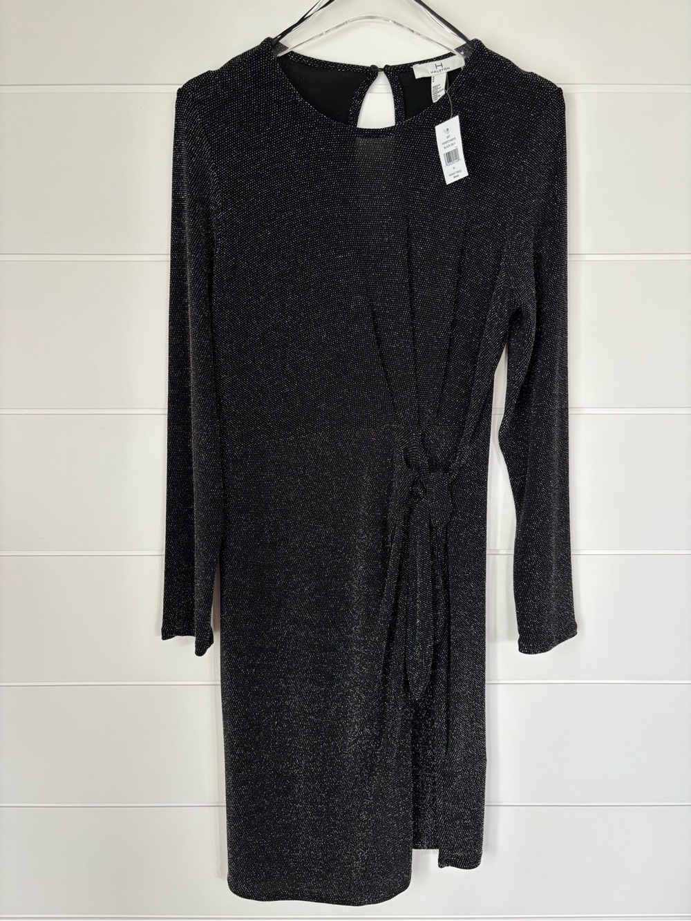 H Halston Black with Silver Shimmer long-sleeve faux wrap Dress Size Medium